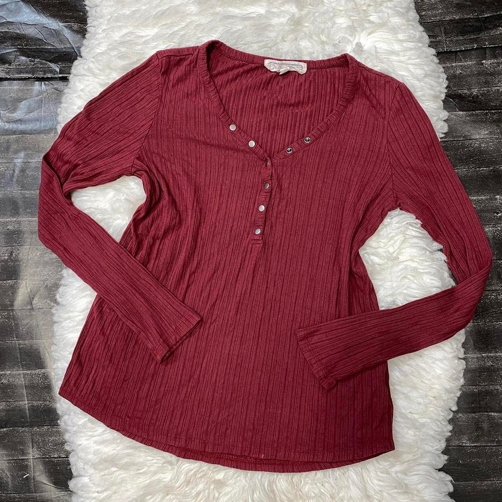 HIPPIE ROSE HENLEY BURGUNDY LONG SLEEVE BASIC CASUAL Y2K GRUNGE ALT